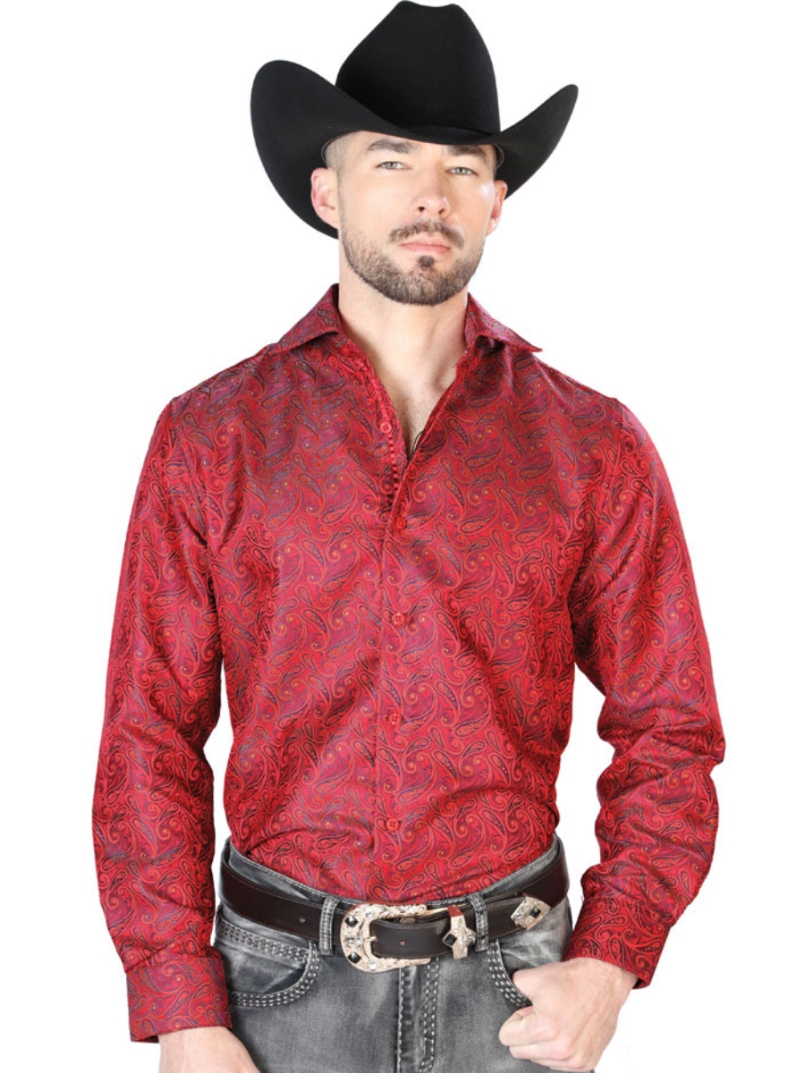 Red Cashmere Printed Jacquard Long Sleeve Denim Shirt for Men 'Centenario' - ID: 43740