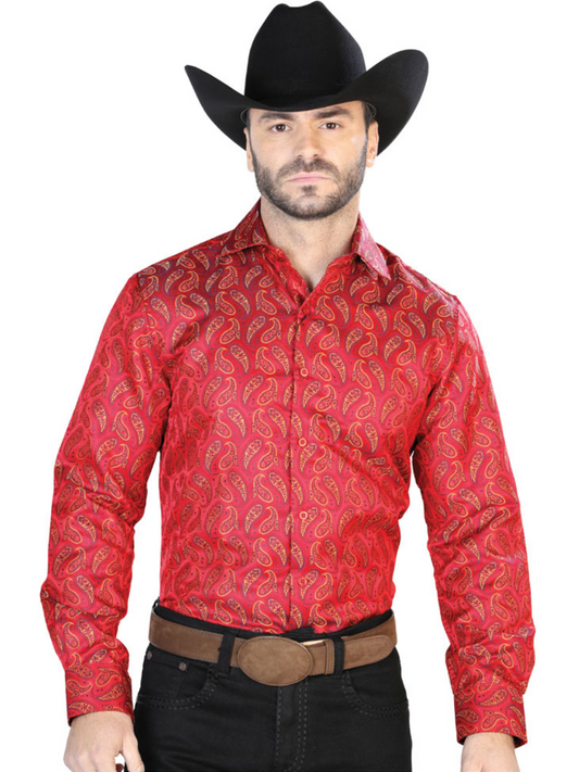 Camisa Vaquera Manga Larga Jacquard Estampada Cachemir Rojo para Hombre 'Centenario' - ID: 43741 Western Shirt Centenario Red