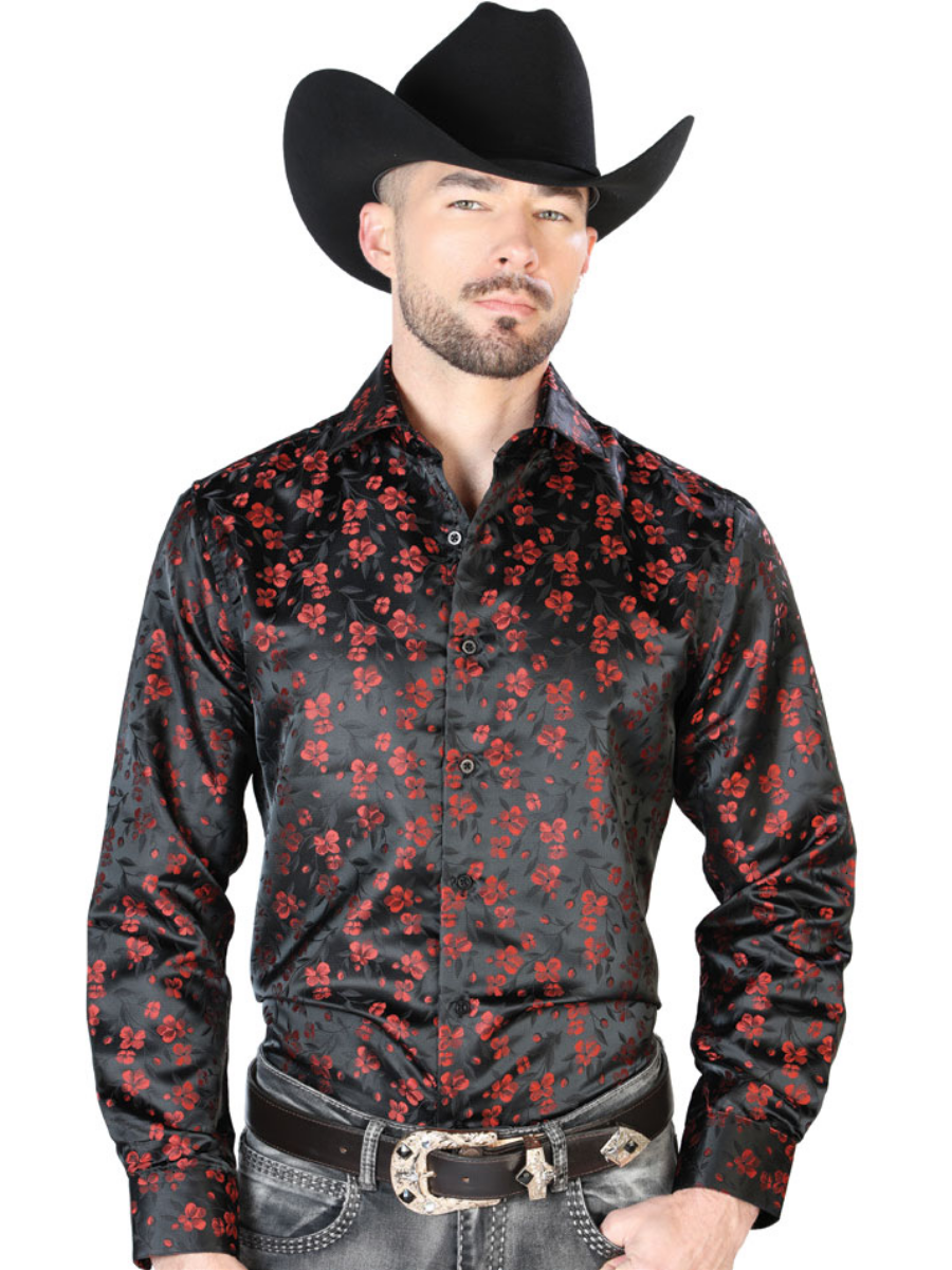 Camisa Vaquera Manga Larga Jacquard Estampada Floral Negro/Rojo para Hombre 'Centenario' - ID: 43742 Western Shirt Centenario Black/Red