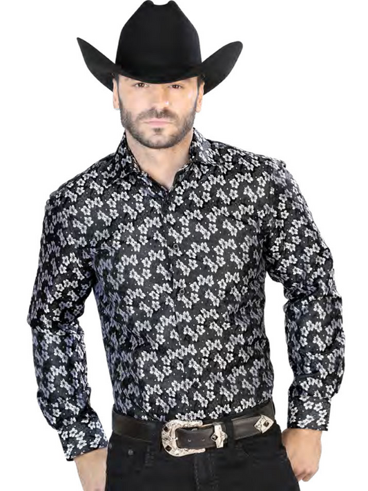 Black Floral Printed Jacquard Long Sleeve Denim Shirt for Men 'Centenario' - ID: 43744 Western Shirt Centenario Black