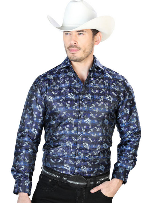 Blue Cashmere Printed Jacquard Long Sleeve Denim Shirt for Men 'Centenario' - ID: 43747 Western Shirt Centenario Blue