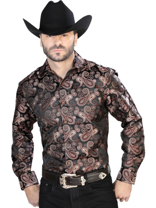 Long Sleeve Jacquard Denim Shirt Printed Coffee Cashmere for Men 'Centenario' - ID: 43750