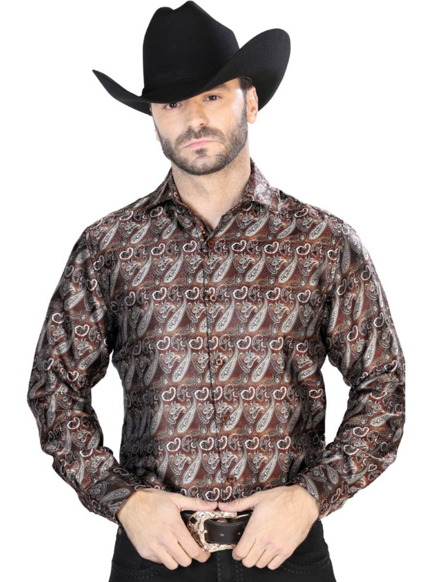 Brown Cashmere Printed Jacquard Long Sleeve Denim Shirt for Men 'Centenario' - ID: 43751 Western Shirt Centenario Brown