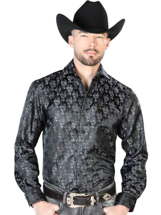 Black Floral Print Jacquard Long Sleeve Denim Shirt for Men 'Centenario' - ID: 43753