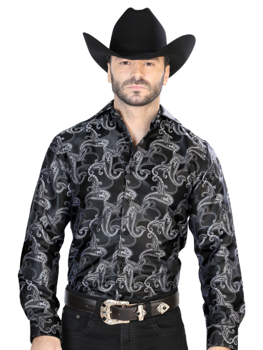 Camisa Vaquera Manga Larga Jacquard Estampada Cachemir Negro para Hombre 'Centenario' - ID: 43754 Western Shirt Centenario Black