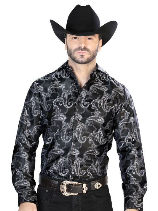 Black Cashmere Printed Jacquard Long Sleeve Denim Shirt for Men 'Centenario' - ID: 43754 Western Shirt Centenario Black