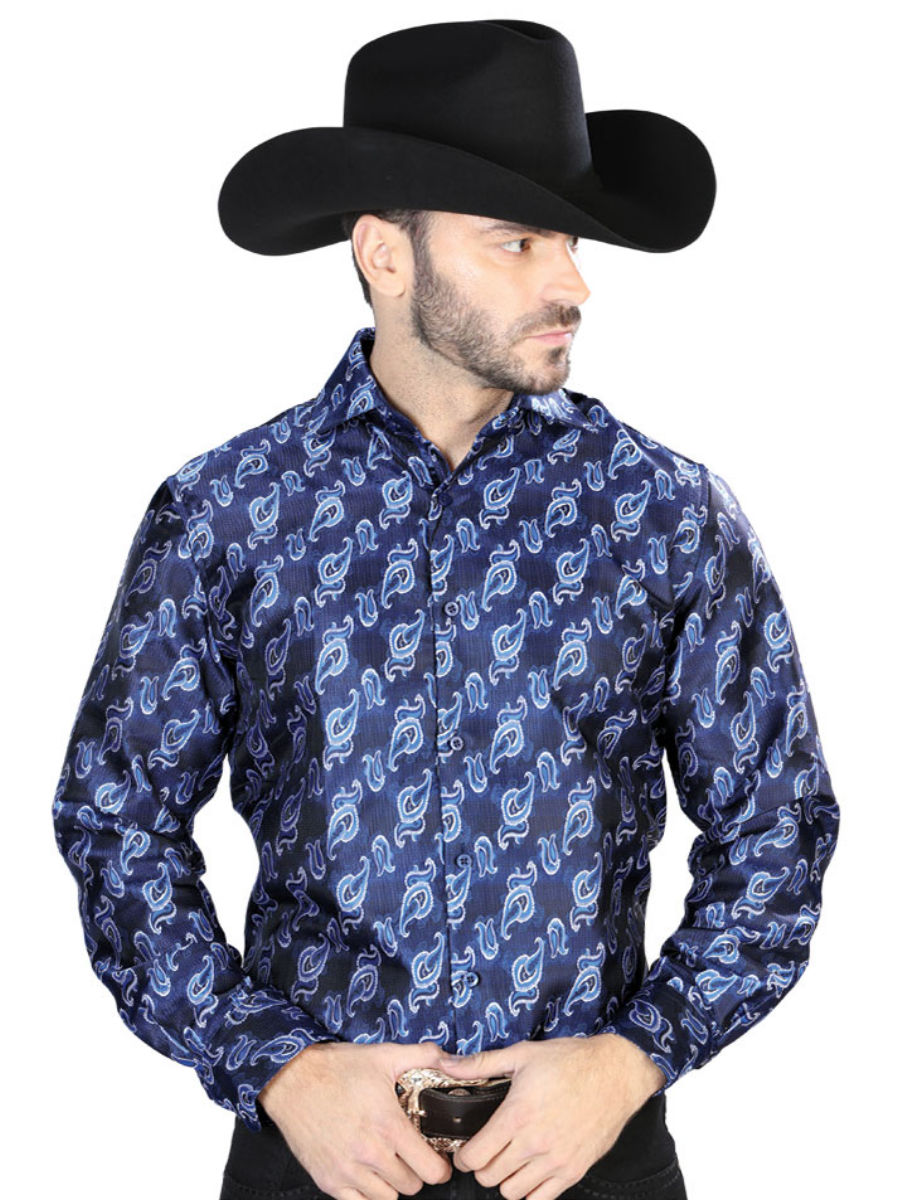 Camisa Vaquera Manga Larga Jacquard Estampada Cachemir Azul para Hombre 'Centenario' - ID: 43755 Western Shirt Centenario Blue