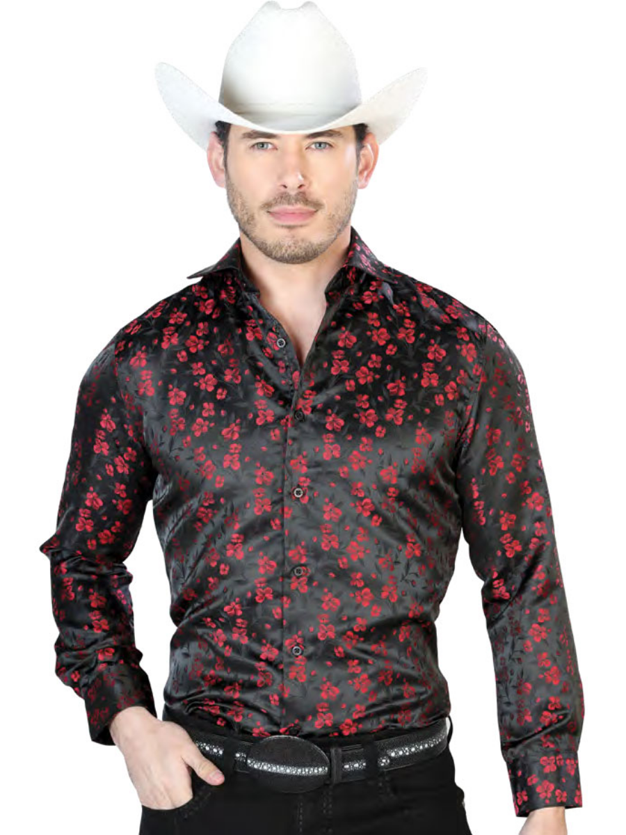 Men's Black/Red Floral Printed Jacquard Long Sleeve Denim Shirt 'Centenario' - ID: 43756 Western Shirt Centenario Black/Red