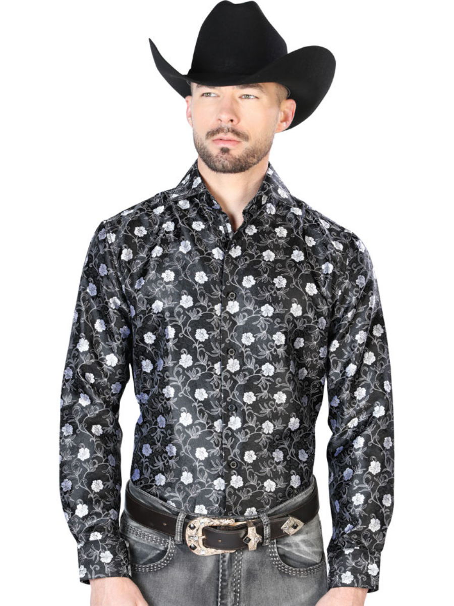 Black Floral Printed Jacquard Long Sleeve Denim Shirt for Men 'Centenario' - ID: 43757 Western Shirt Centenario Black