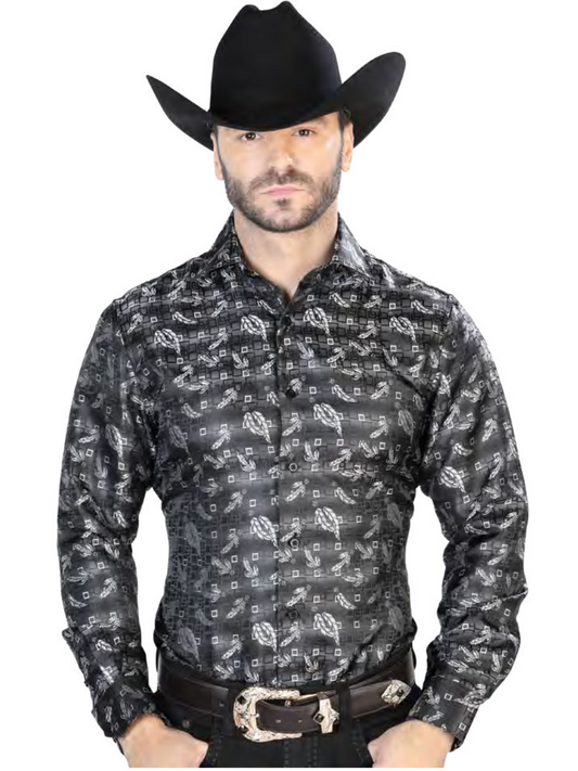 Long Sleeve Jacquard Denim Shirt Printed Black Cashmere for Men 'Centenario' - ID: 43758