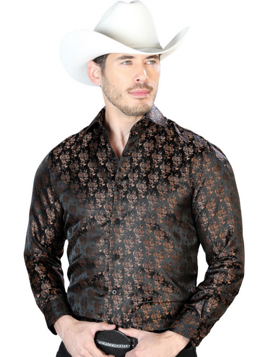 Black/Brown Floral Print Jacquard Long Sleeve Denim Shirt for Men 'Centenario' - ID: 43759