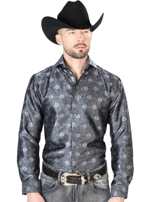 Black Floral Print Jacquard Long Sleeve Denim Shirt for Men 'Centenario' - ID: 43760