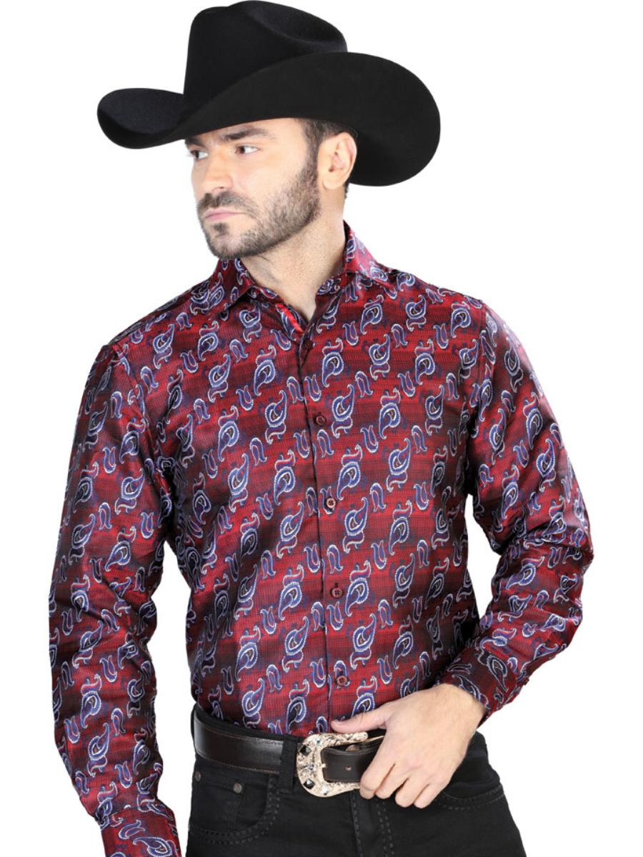 Red/Blue Paisley Printed Jacquard Long Sleeve Denim Shirt for Men 'Centenario' - ID: 43761
