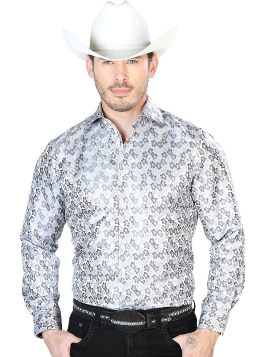 Gray Floral Print Jacquard Long Sleeve Denim Shirt for Men 'Centenario' - ID: 43762