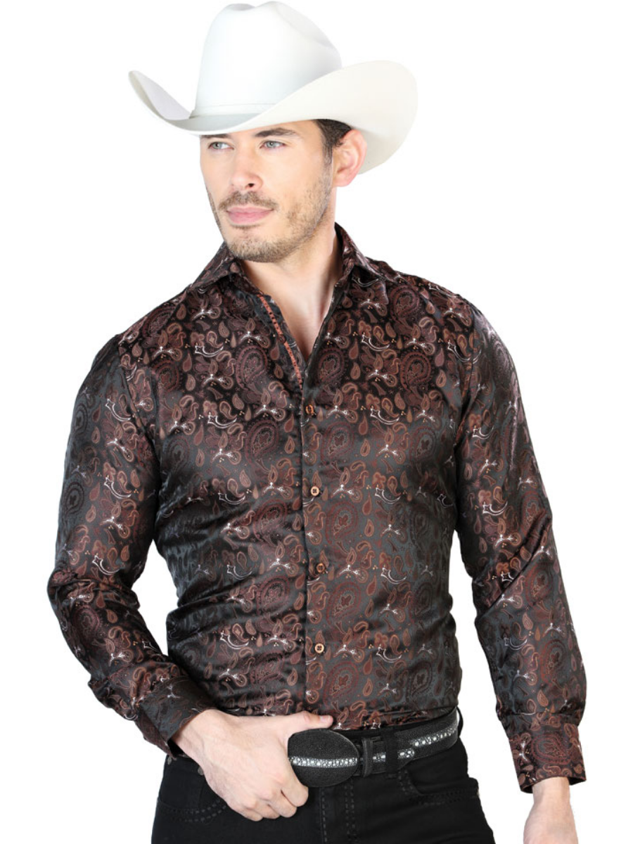 Brown Cashmere Printed Jacquard Long Sleeve Denim Shirt for Men 'Centenario' - ID: 43763 Western Shirt Centenario Brown