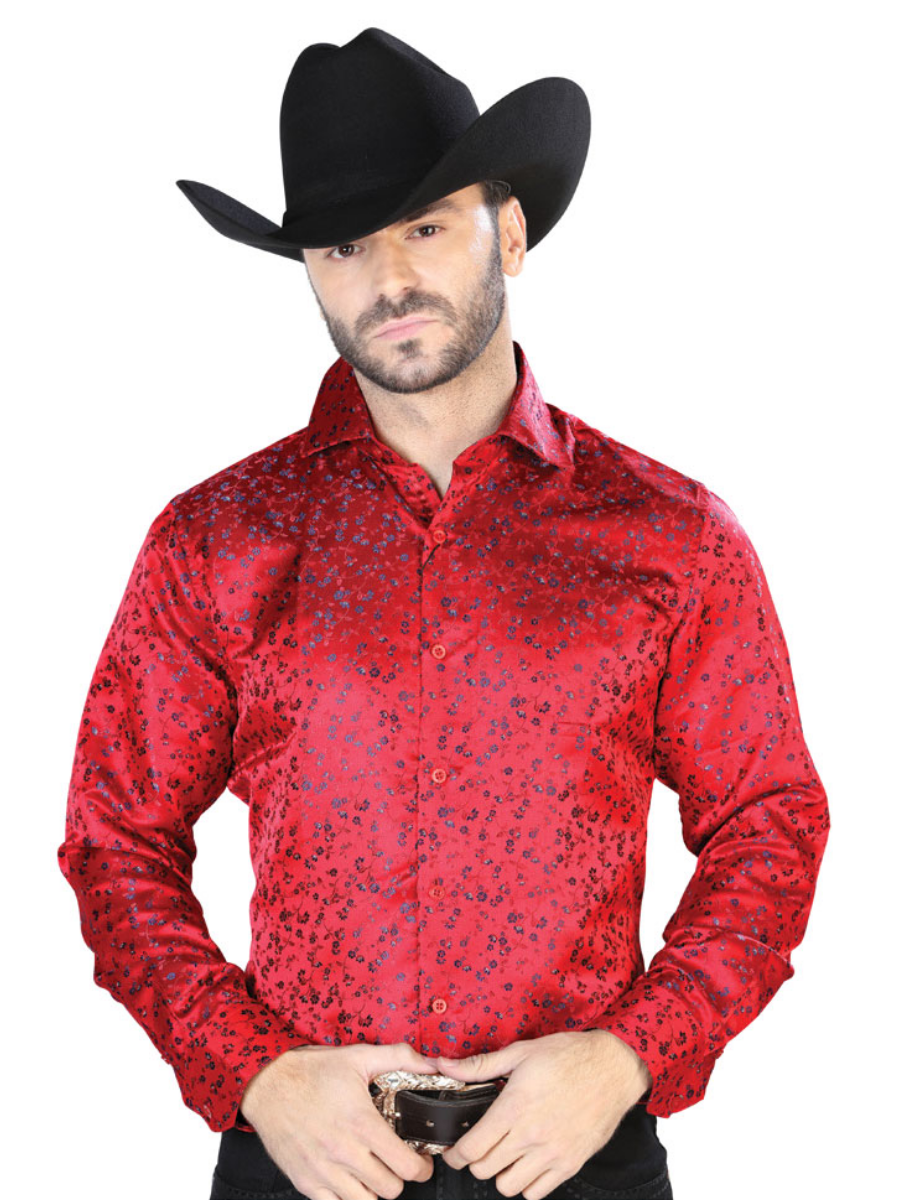 Camisa Vaquera Manga Larga Jacquard Estampada Floral Rojo/Azul para Hombre 'Centenario' - ID: 43764 Western Shirt Centenario Red/Blue