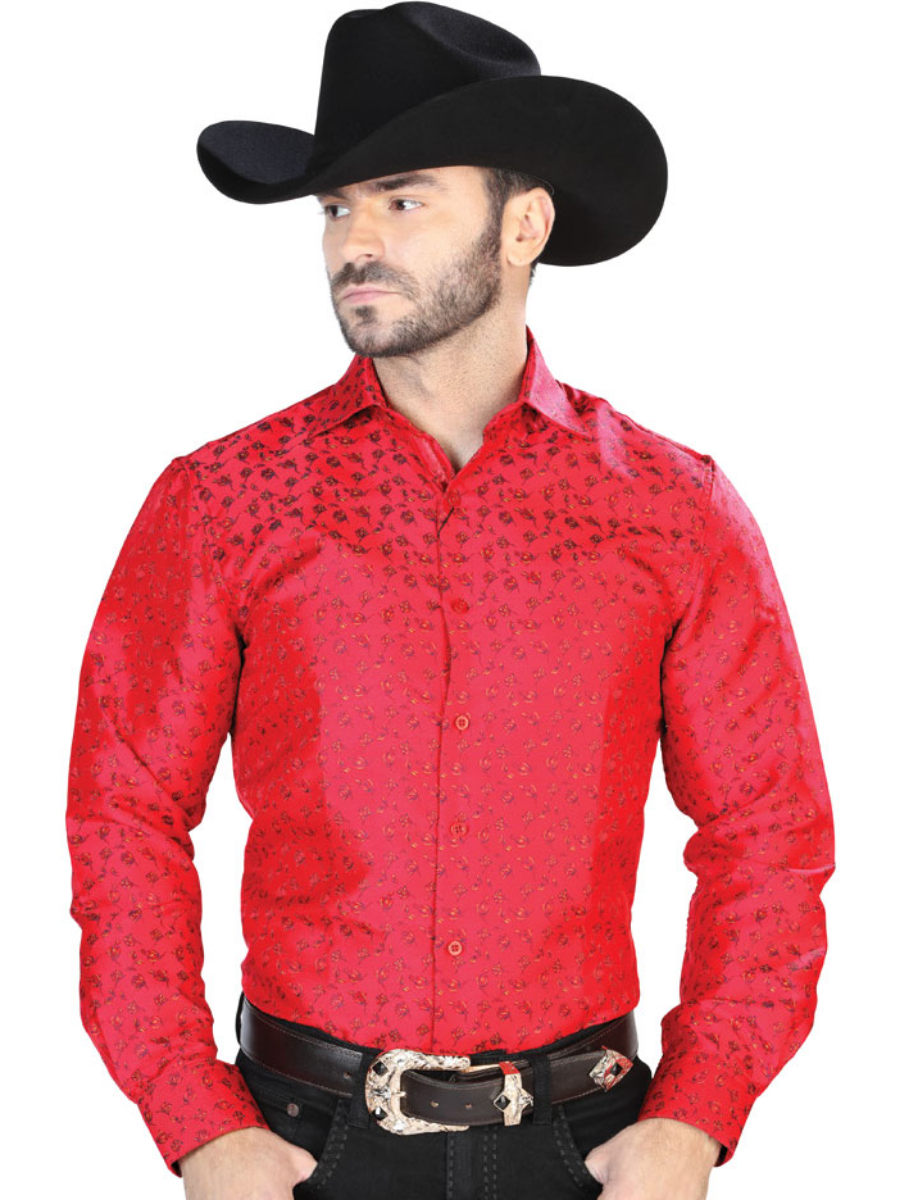 Red Printed Jacquard Long Sleeve Denim Shirt for Men 'Centenario' - ID: 43765 Western Shirt Centenario Red