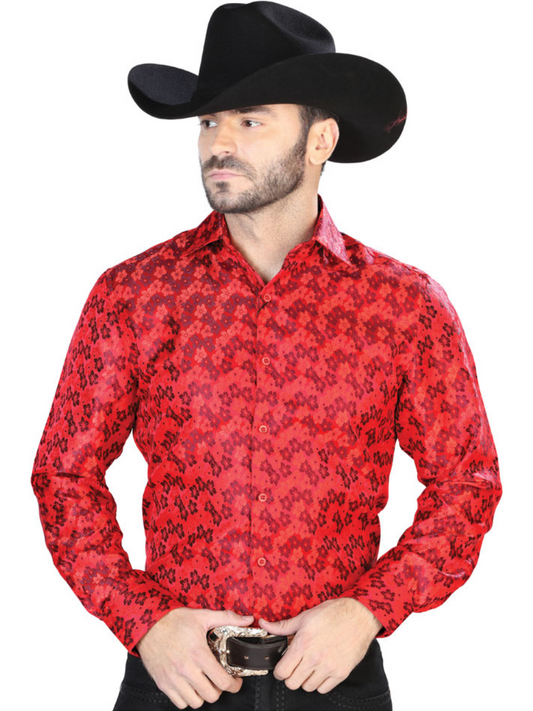 Camisa Vaquera Manga Larga Jacquard Estampada Floral Rojo para Hombre 'Centenario' - ID: 43767 Western Shirt Centenario Red