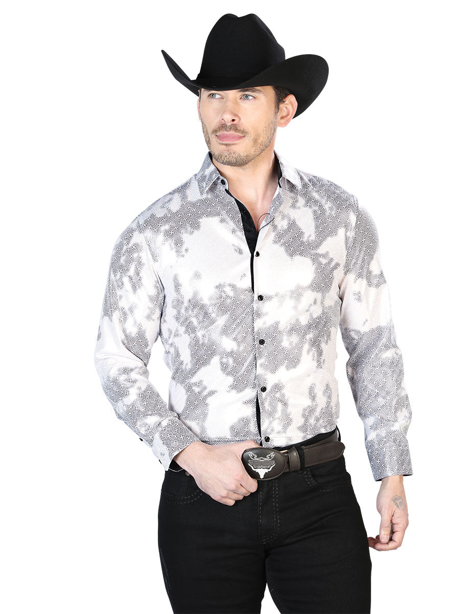 Long Sleeve Printed Beige Denim Shirt for Men 'The Lord of the Skies' - ID: 43783