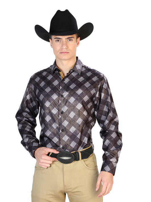 Black Checkered Printed Long Sleeve Denim Shirt for Men 'El Señor de los Cielos' - ID: 43785 Western Shirt El Señor de los Cielos Black