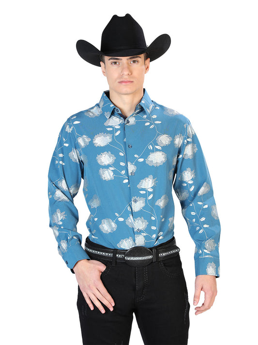 Camisa Vaquera Manga Larga Estampada Floral Azul Marino para Hombre 'El Señor de los Cielos' - ID: 43787 Camisas Florales El Señor de los Cielos Navy Blue