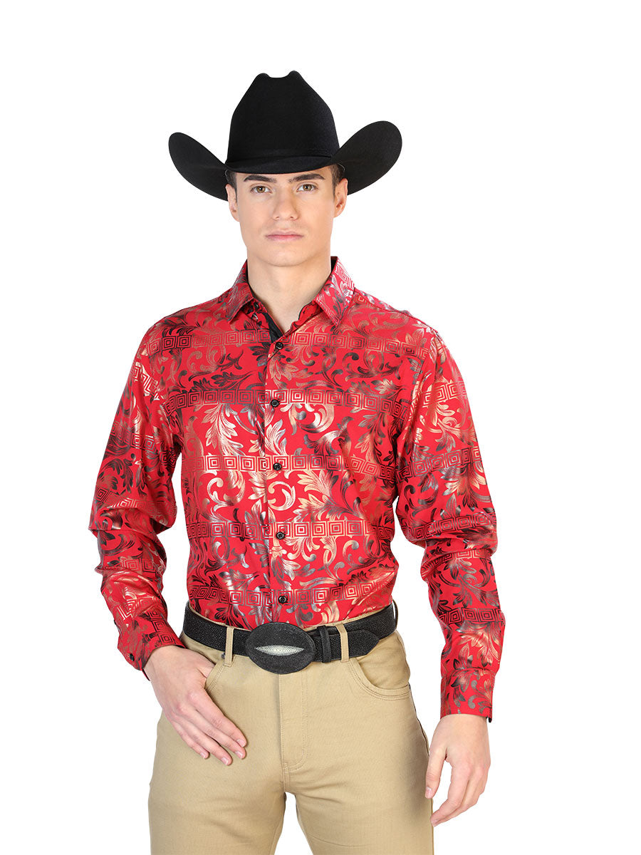 Long Sleeve Wine Printed Denim Shirt for Men 'The Lord of the Skies' - ID: 43796