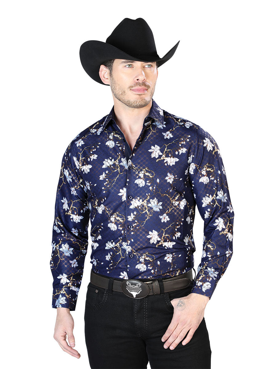 Long Sleeve Navy Blue Floral Print Denim Shirt for Men 'The Lord of the Skies' - ID: 43822