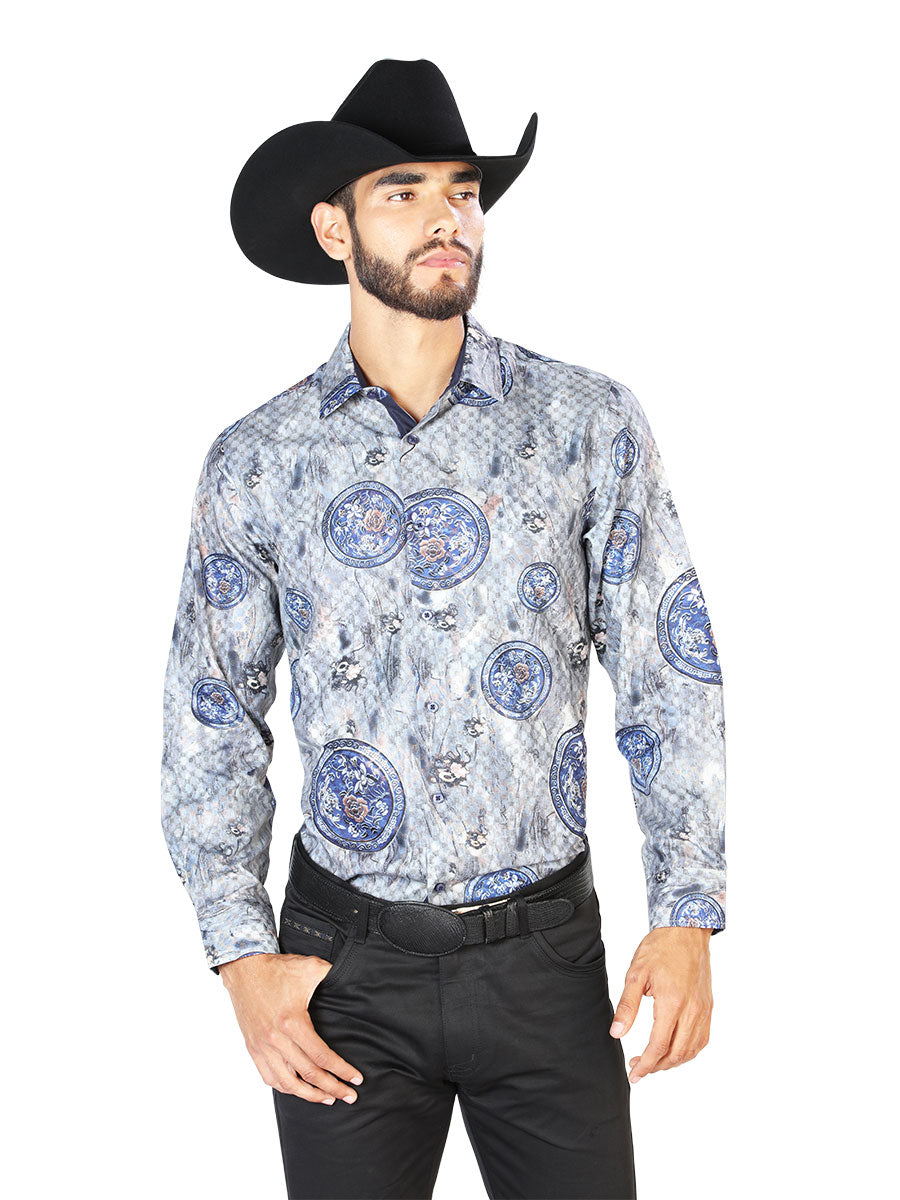 Gray / Blue Printed Long Sleeve Denim Shirt for Men 'The Lord of the Skies' - ID: 43823