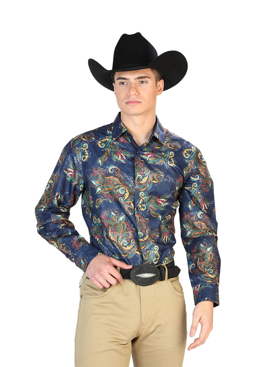 Blue/Multicolor Cashmere Printed Long Sleeve Denim Shirt for Men 'The Lord of the Skies' - ID: 43827