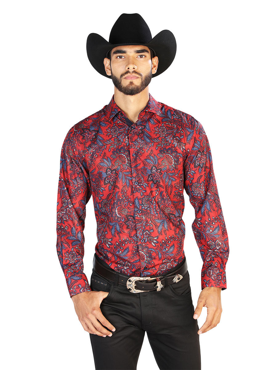 Red Paisley Printed Long Sleeve Denim Shirt for Men 'The Lord of the Skies' - ID: 43856