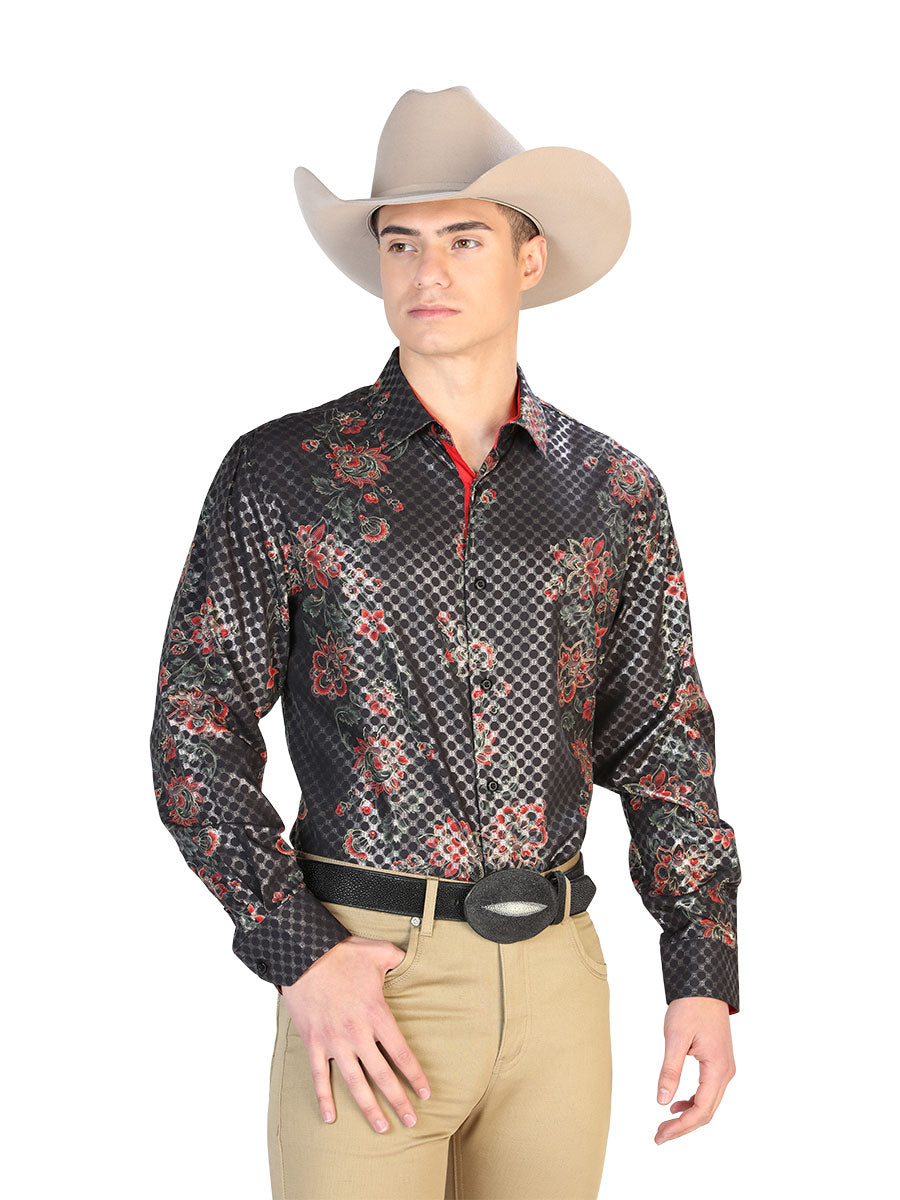 Black Floral Print Long Sleeve Denim Shirt for Men 'The Lord of the Skies' - ID: 43857