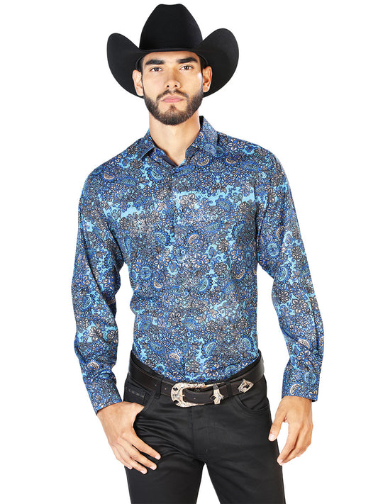 Camisa Vaquera Manga Larga Estampada Cachemir Azul para Hombre 'El Señor de los Cielos' - ID: 43859
