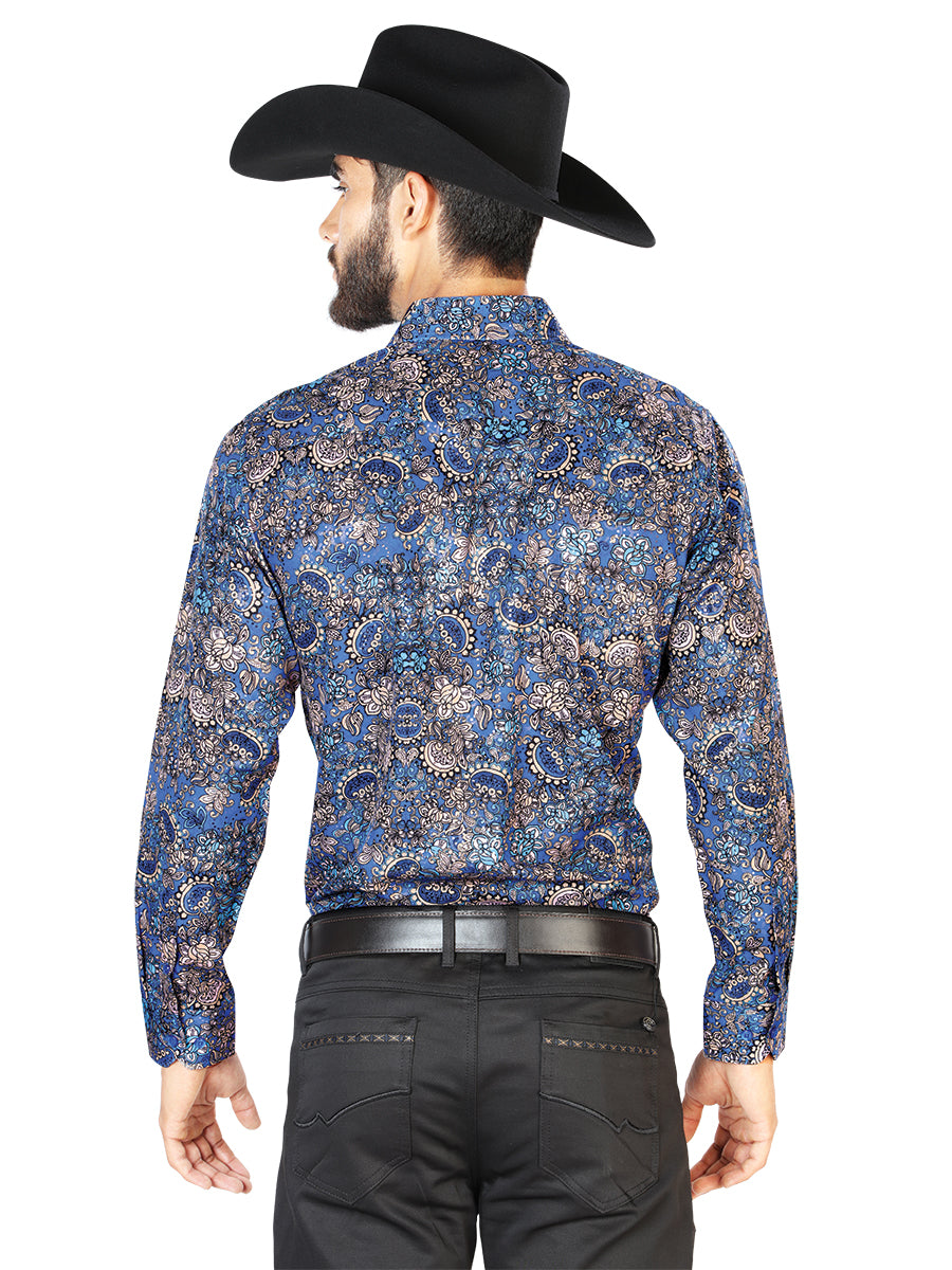 Long Sleeve Denim Shirt Printed Navy Blue Squares for Men 'The Lord of the Skies' - ID: 43860