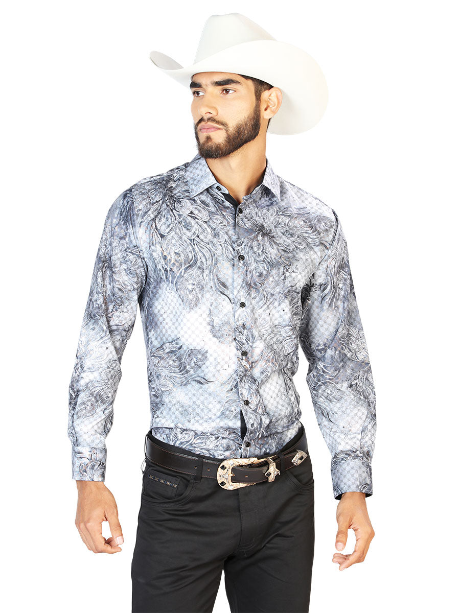 Gray Printed Long Sleeve Denim Shirt for Men 'The Lord of the Skies' - ID: 43862