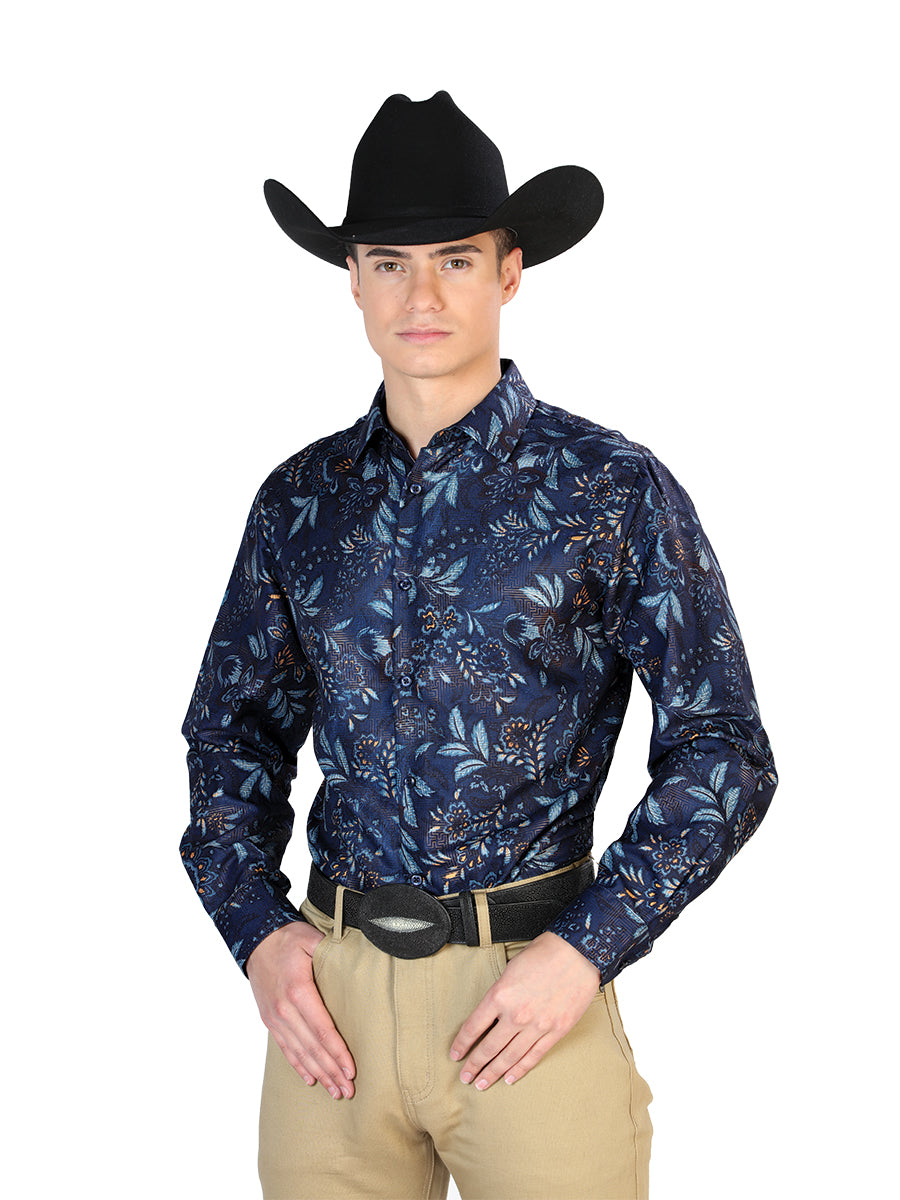 Long Sleeve Navy Floral Print Denim Shirt for Men 'The Lord of the Skies' - ID: 43870