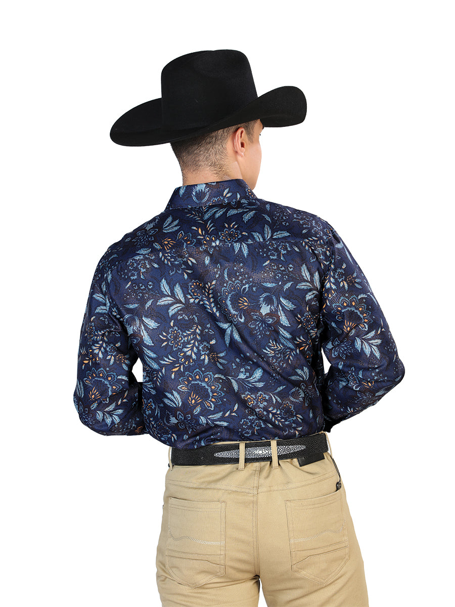 Camisa Vaquera Manga Larga Estampada Floral Marino para Hombre 'El Señor de los Cielos' - ID: 43870 Western Shirt El Señor de los Cielos 