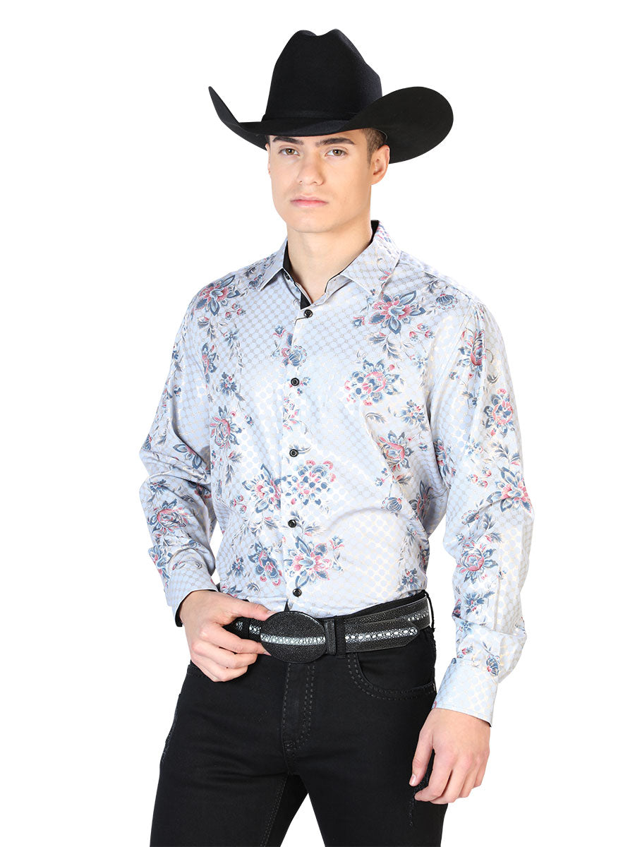 Gray Floral Print Long Sleeve Denim Shirt for Men 'The Lord of the Skies' - ID: 43872