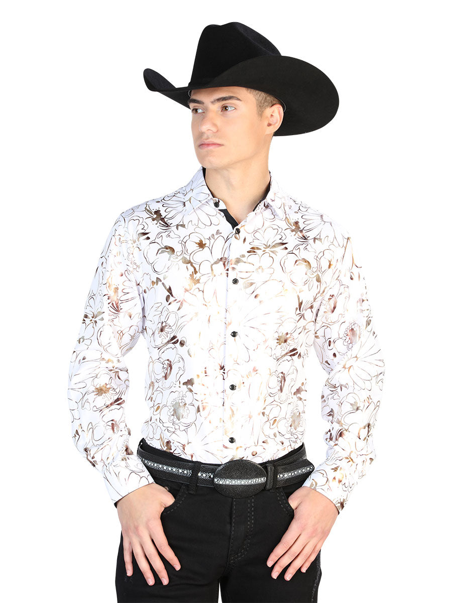 Camisa Vaquera Manga Larga Estampada Blanco para Hombre 'El Señor de los Cielos' - ID: 43876