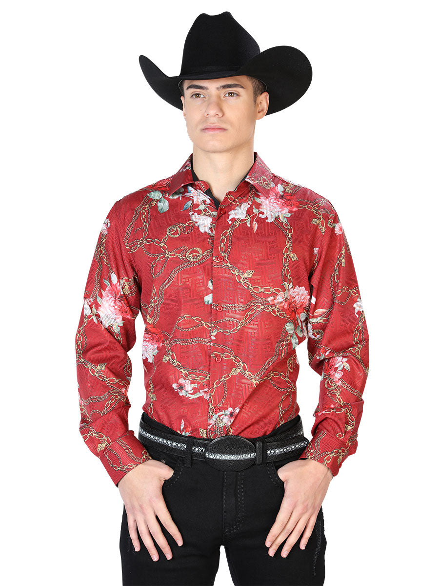 Long Sleeve Denim Shirt Printed Wine Chains for Men 'The Lord of the Skies' - ID: 43879