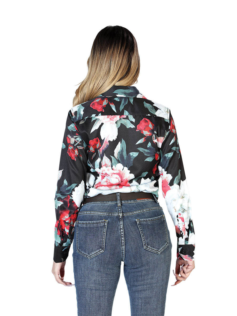 Long Sleeve Denim Shirt Floral Print Black / White Flowers for Women 'The Lord of the Skies' - ID: 43893
