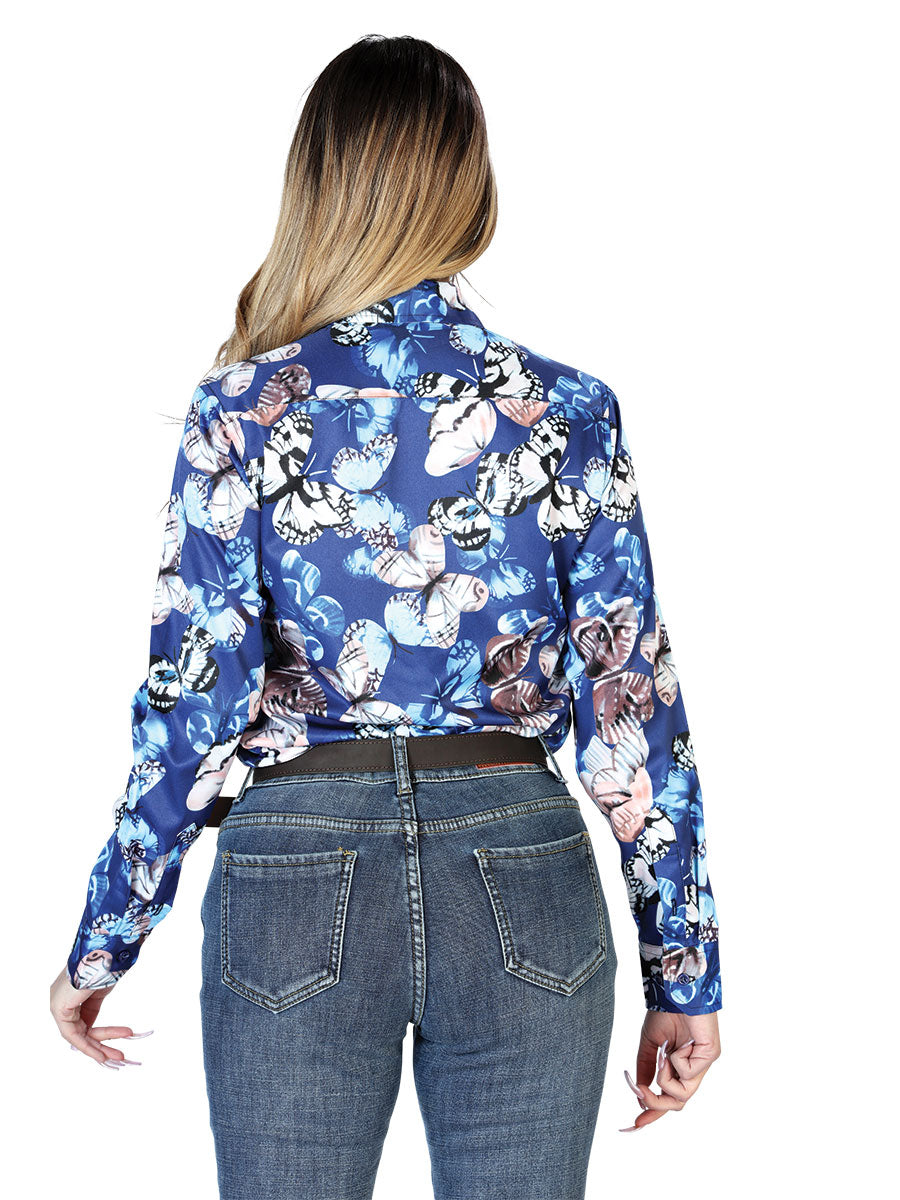Long Sleeve Denim Shirt Printed Blue / Multicolor Butterflies for Women 'The Lord of the Skies' - ID: 43894