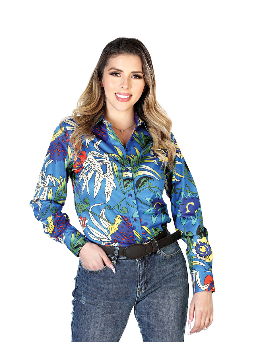 Royal Blue Floral Print Long Sleeve Denim Shirt for Women 'The Lord of the Skies' - ID: 43895