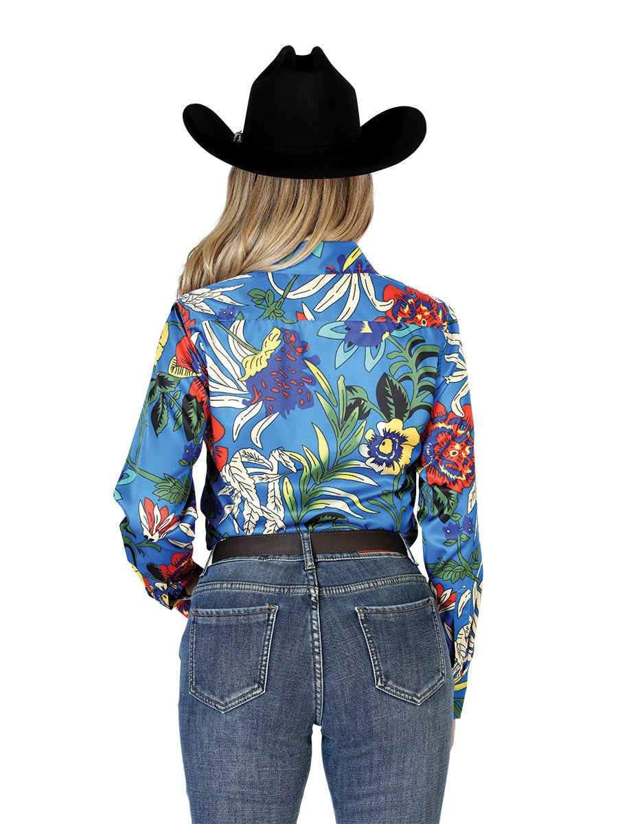 Royal Blue Floral Print Long Sleeve Denim Shirt for Women 'The Lord of the Skies' - ID: 43895