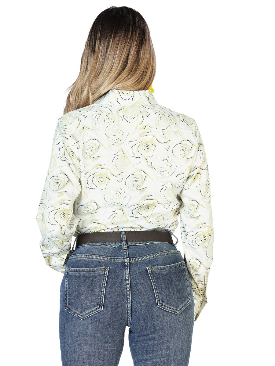 Ivory Floral Print Long Sleeve Denim Shirt for Women 'The Lord of the Skies' - ID: 43896