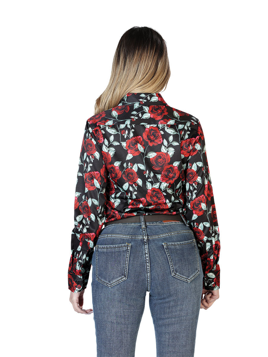 Black/Red Roses Floral Print Long Sleeve Denim Shirt for Women 'The Lord of the Skies' - ID: 43898