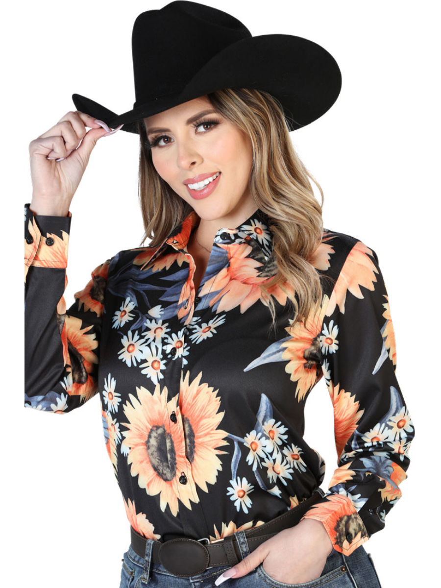Black/Sunflower Printed Long Sleeve Denim Shirt for Women 'The Lord of the Skies' - ID: 43900