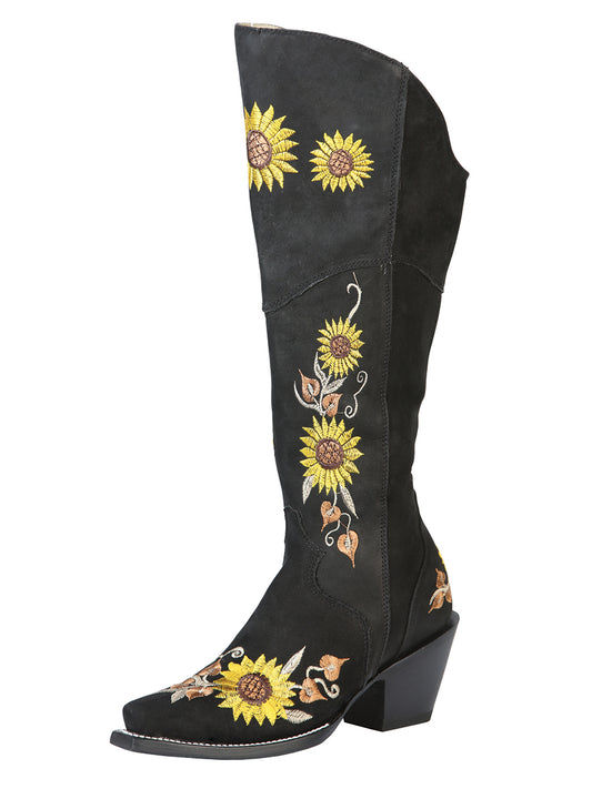 High Cowboy Boots with Nobuck Leather Sunflower Embroidered Tube for Women 'El General' - ID: 43915