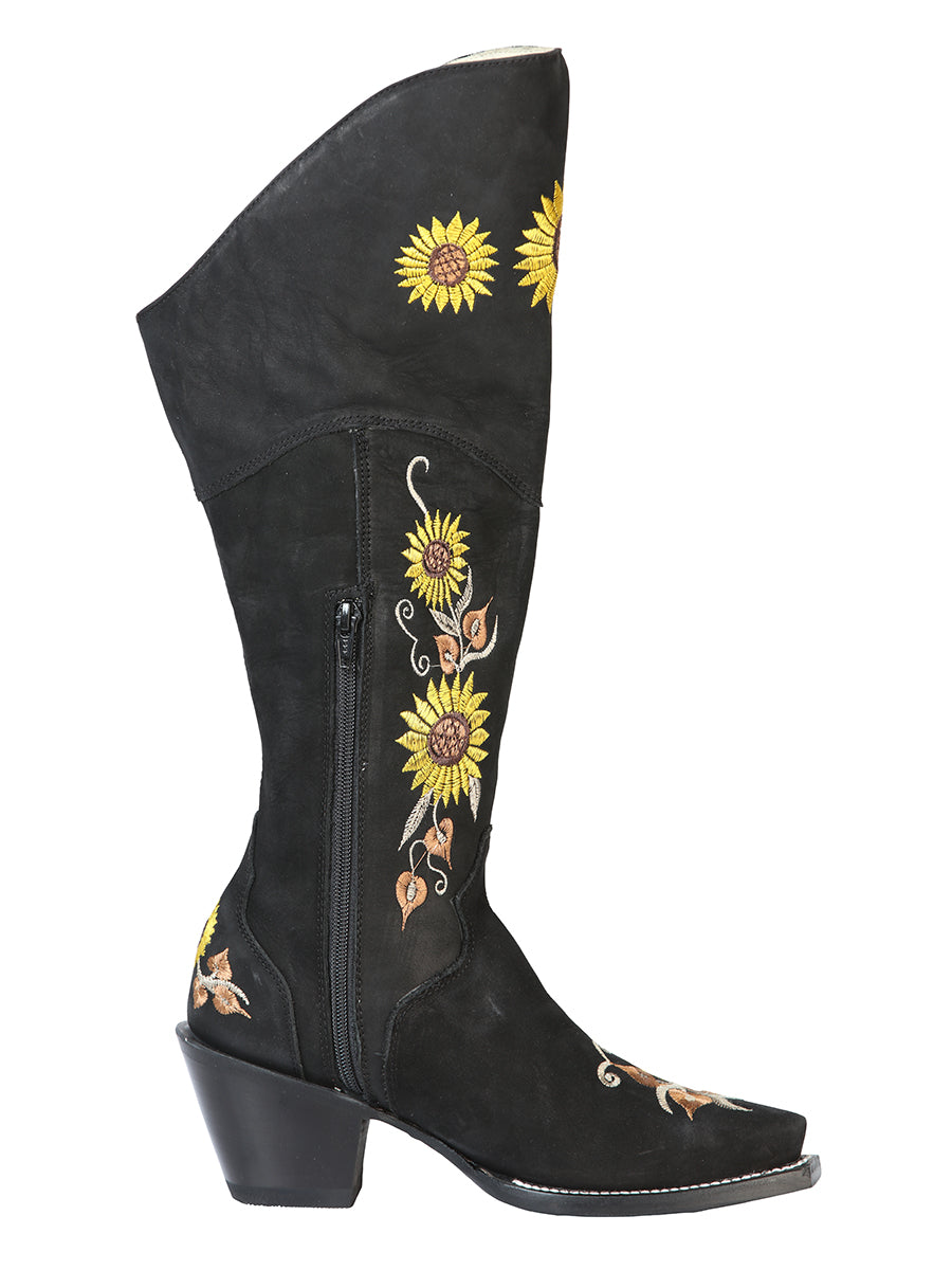 High Cowboy Boots with Nubuck Leather Sunflower Embroidered Tube for Women 'El General' - ID: 43915 Cowgirl Boots El General