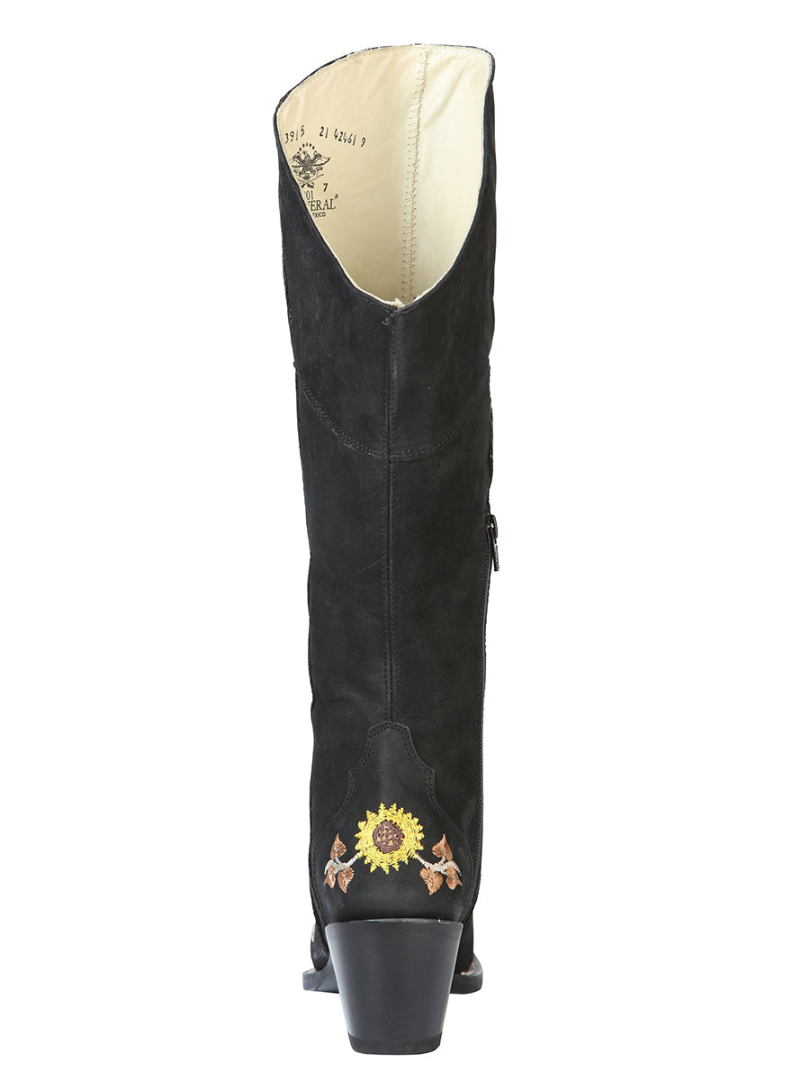 High Cowboy Boots with Nubuck Leather Sunflower Embroidered Tube for Women 'El General' - ID: 43915 Cowgirl Boots El General