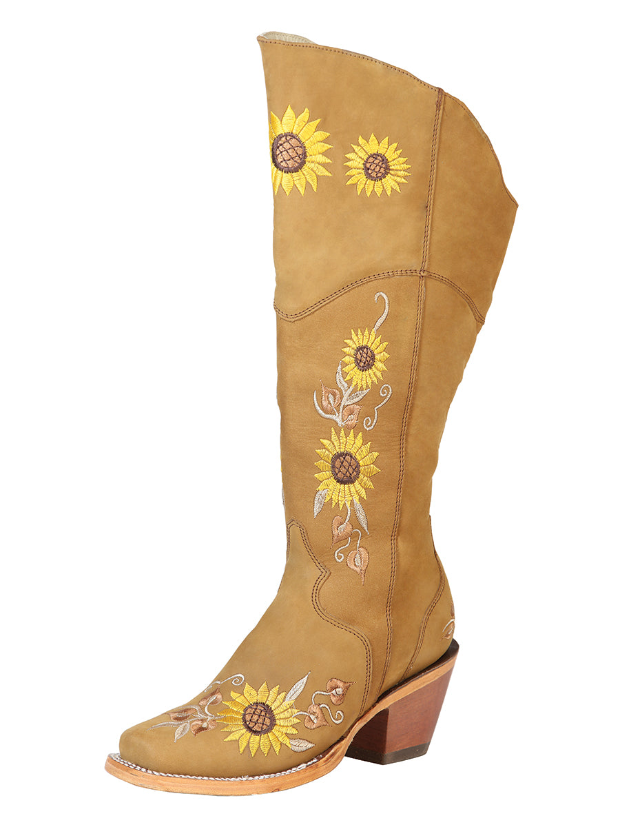 High Cowboy Boots with Nubuck Leather Sunflower Embroidered Tube for Women 'El General' - ID: 43916 Cowgirl Boots El General Miel